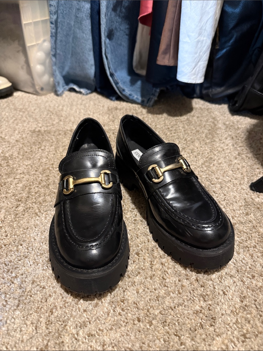Steve Madden Black Leather Lug Sole Loafers with Gold Horsebit